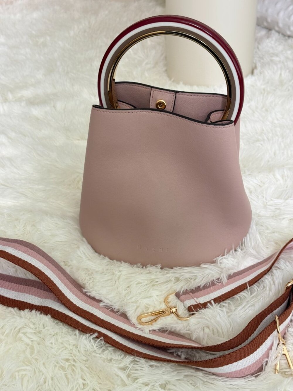 Marni Mini Bucket Bag Pink | Gold Ring Handle | Excellent + Bonus Strap - Picture 7 of 13